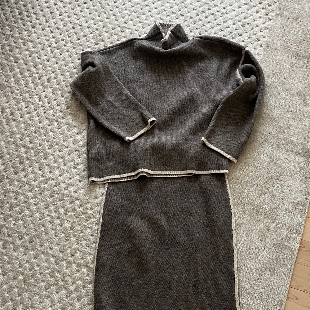Zara women’s grey/beige and Cream Turtleneck Sweater Set with skirt